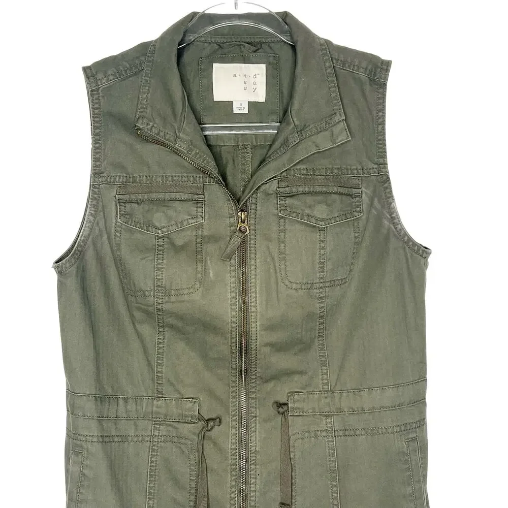 A NEW DAY Military Vest Full-Zip Drawstring Waist Utility Army Green Size Small